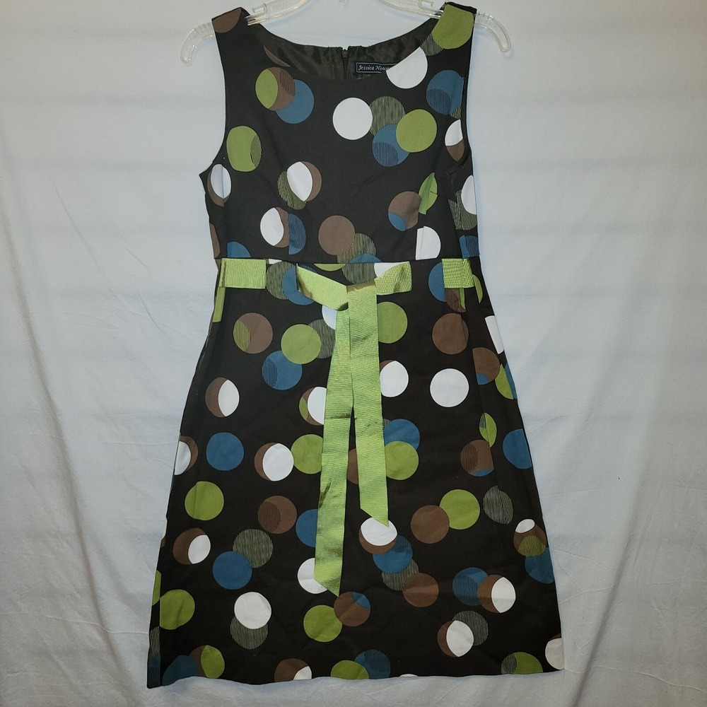 Jessica Howard Size 8 Dress Brown Green Blue White Polka Dot Sash Sleeveless